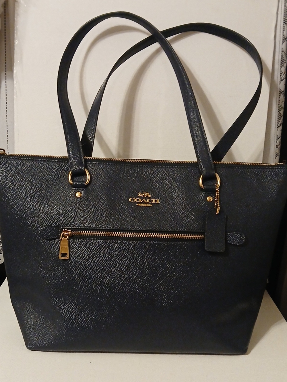 Coach Navy Saffiano Leather Tote with Gold Hardware